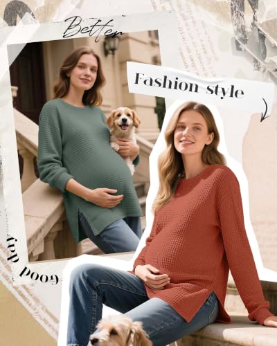 3 Pack Women's Maternity Waffle Knit Shirts - color: Caramel, Green, Dark Gray, size: Small