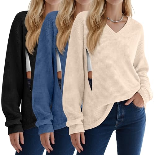 3 Pack Women's Waffle Knit Long Sleeve Nursing Tops - color: Cream, Haze Blue, Black, size: Large
