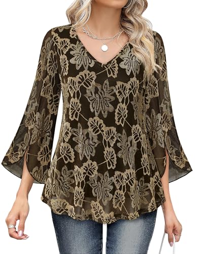 Bebonnie Womens Ruffle 3/4 Sleeve V Neck Double Layers Mesh Blouses Loose Fit Flowy Tunic Tops - color: Black Gold, size: Medium