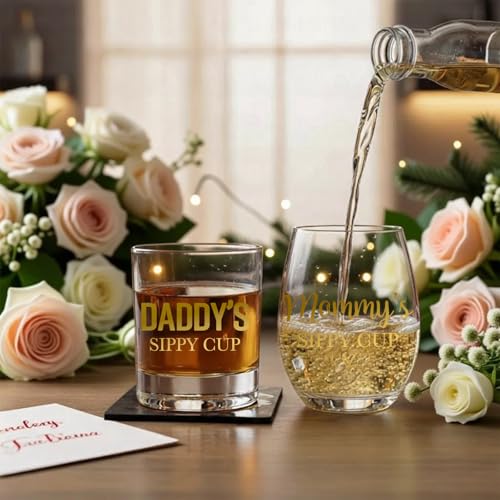 Daddy's Sippy Cup Whiskey Glass & Mommy's Sippy Cup Wine Glass - color: Golden
