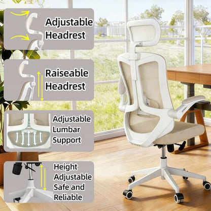 Ergonomic Office Chair - 350LB Comfy Desk Chairs with Adjustable Headrest and Lumbar Back Support, Mesh Computer Chairs with Wheels and Arms for Home Office, Study (Khaki-with Headrest) - color: Khaki