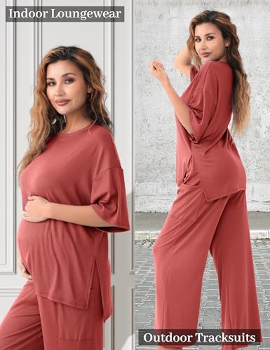 Maternity Lounge Set, 2 Piece Matching Set with Wide Leg Pants - color: Brick Red, size: X-Large