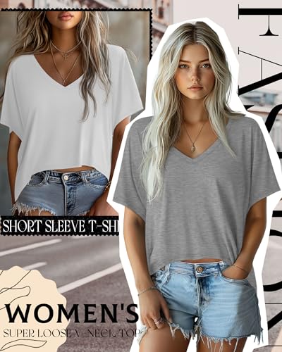 Huukeay 3 Pack Women's Oversized V Neck T Shirts - color: Apricot, Light Heather Gray, White, size: Medium