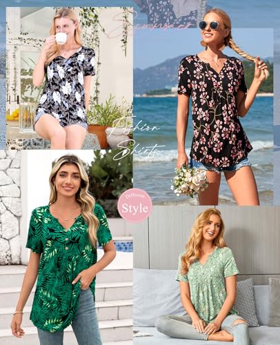 CATHY Womens Short Sleeve Tunic Tops Henley Shirt V Neck Button Up Blouse Casual Pleated Basic Pullover - color: Begonia+dark Green, size: Medium