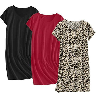 Ekouaer Cotton Nightgowns for Women 3 Pack Sleepshirts Tshirt Night Gown - color: Black/Wine Red/Leopard, size: Medium
