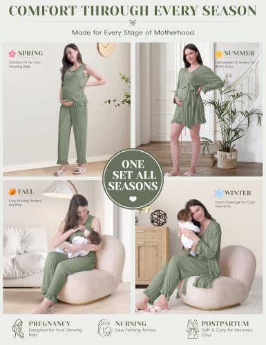 SUNNYBUY 3 PCS Ruffle Maternity Nursing Pajamas Set & Robe for Postpartum - color: Sage Green, size: X-Large