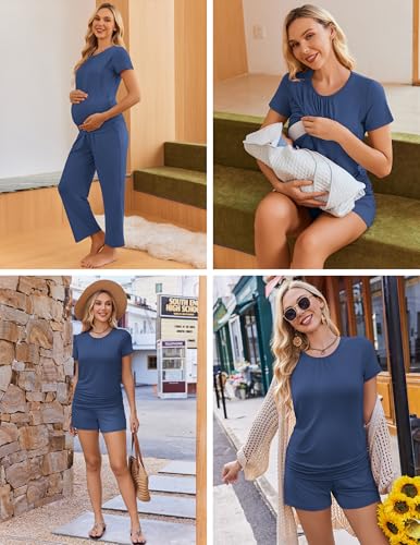 Ekouaer Maternity Nursing Pajamas Set 3 Piece Postpartum Breastfeeding Pjs - color: Navy Blue, size: Small