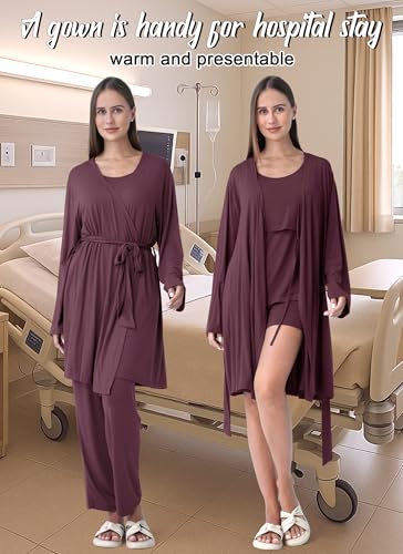 Rnxrbb 4PCS Year-Round Nursing Pajamas Robe Set Postpartum Breastfeeding Pj - color: Deep Purple, size: Medium