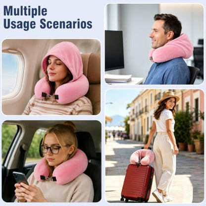 Stuffable Travel Neck Pillow with Hood, Soft Velvet Fabric,Pink - size: Type E