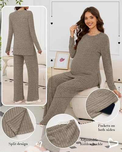 Women's 2 Piece Maternity Ribbed Pajama Outfit - color: Coffee, size: XX-Large