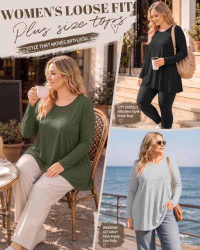 Evervibe 3 Pack Womens Plus Size Tunic Tops - color: Black, Army Green, Light Gray, size: 5X-Large