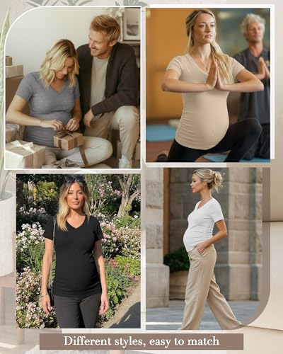 Neer 4 Pack Women's Maternity Shirts Short Sleeve - color: Black, Light Heather Gray, White, Khaki, size: Medium