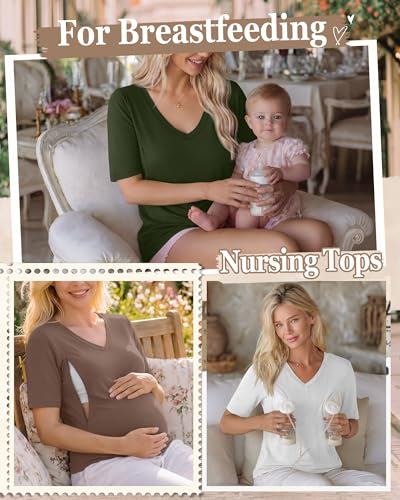 4 Pack Women Nursing Shirts Breastfeeding Tops - color: Army Green, Coffee, White, Black, size: X-Large