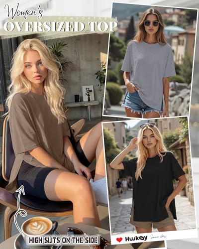 Huukeay 3 Pack Women's Oversized T Shirts Workout Tops - color: Black, Dark Coffee, Mixed Gray, size: X-Large