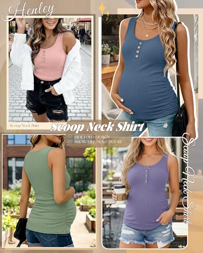4 Pack Maternity Henley Tank Tops - color: Light Pink, Sage Green, Haze Blue, Lavender, size: Small
