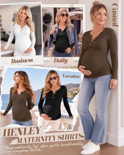 Huukeay 3 Pack Womens Maternity Long Sleeve Shirts Pregnancy Top - color: Coffee, White, Black, size: Medium