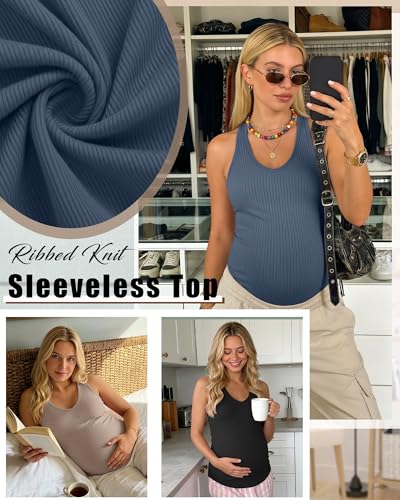 3 Pack Maternity Tank Tops Ribbed V Neck - color: Haze Blue, Khaki, Black, size: Medium