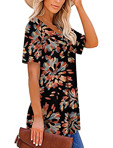 Mystry Zone Womens Henley V Neck Casual Blouse Button Down T Shirts Flare and Flowy Tops - color: 1-black, size: Medium