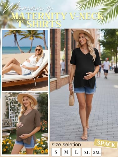 Ekouaer Maternity Shirts 3 Pack Oversized Pregnancy Tops Summer Clothes - color: 3 Pcs Black/ White/ Brown, size: Small