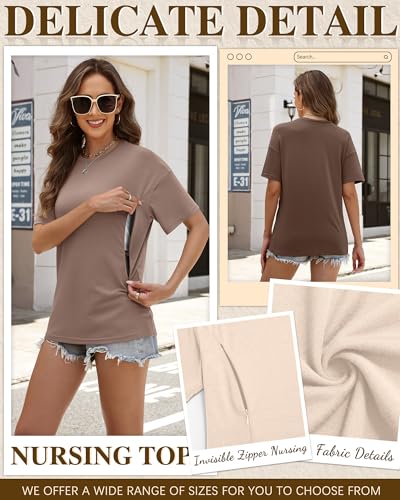 Riyiper 3 Pack Women's Nursing Short Sleeve Shirts - color: Beige, Camel, Coffee, size: X-Large