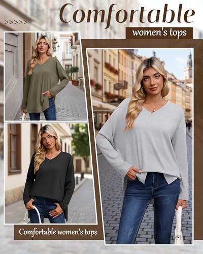 Huukeay 3 Pack Women's Oversized Long Sleeve V Neck Shirts - color: Black, Gray, Army Green, size: Medium