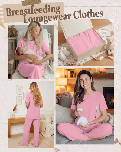 2Pc Postpartum Nursing Pajamas Set - color: Pink, size: X-Large