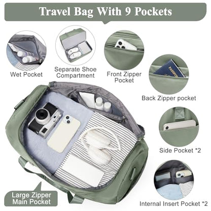 Travel Duffel Bag,Carry-On Overnight Weekender Bags with Shoes Compartment - color: Olive Green, size: Small