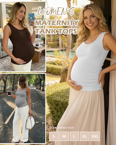 Ficerd 4 Pack Women's Maternity Tank Cotton Tops - color: Black, Light Heather Gray, White, Coffee, size: Large