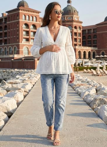 BLENCOT Maternity Jeans High Rise Stretchy Waistband Straight Leg - color: Beau Blue, size: Small