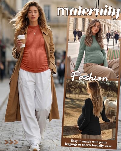 Neer 3 Pack Women's Maternity Mock Turtleneck Long Sleeve Tops - color: Caramel, Green, Black, size: X-Large