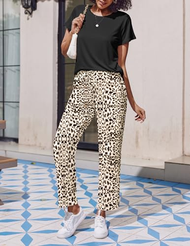 Ekouaer 2 Pack Womens Pajama Set Short Sleeve Top and Printed Pants Soft Pj - color: Black Striped/Black Leopard, size: Small