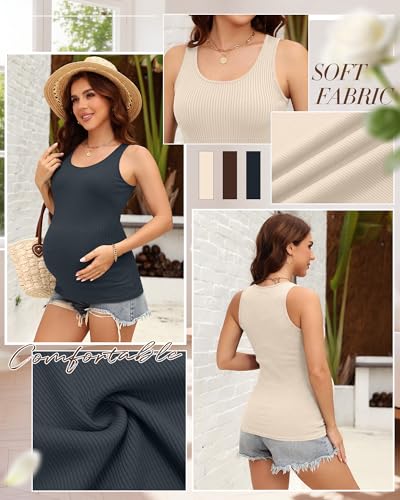 Ficerd 3 Pack Women's Maternity Ribbed Tank Tops - color: Charcoal Black, Apricot, Brown, size: Small