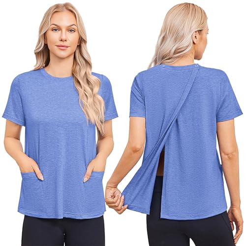 Deyeek Post Surgery Shirts for Women Tear Away Snap Open Back Hospital Tops - color: Blue, size: Large