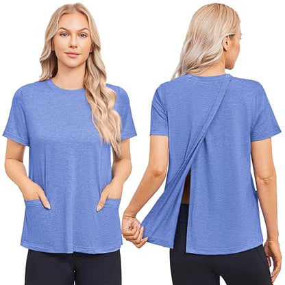 Deyeek Post Surgery Shirts for Women Tear Away Snap Open Back Hospital Tops - color: Blue, size: Large