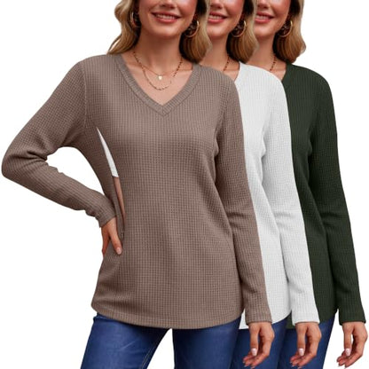 Huukeay 3 Pack Women's Long Sleeve Nursing Breastfeeding Shirts - color: Coffee, White, Army Green, size: Medium