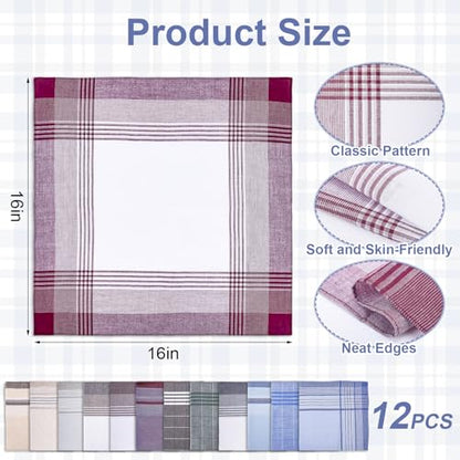 [12 PCS] Handkerchiefs for Men, 16x16 Inch, 100% Soft Cotton Classic Style Handkerchief, Pocket Squares for Men with Check