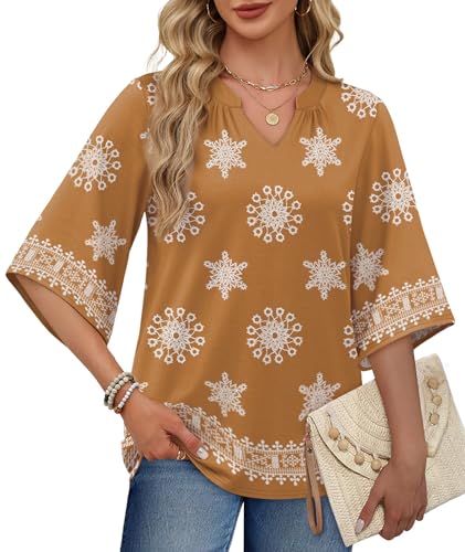 WIHOLL Boho Tops for Women Summer Spring 3/4 Sleeve Dressy Fashion V Neck Casual 2026 Business Beach Plus Size Resort Blouses - color: Multi Coffee, size: Large