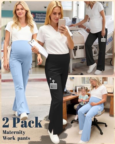2 Pack Women's Maternity Wide Leg Cargo Scrub Pants - color: Black, Light Gray Blue, size: X-Large