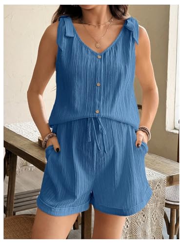 OYOANGLE Women's 2 Piece Maternity Set Textured Tie Shoulder Lounge Outfits - color: Blue, size: Large