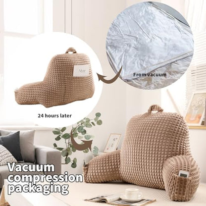 Reading Pillow with Arms for Sitting in Bed,Backrest,Khaki Flannel,M - color: Khaki, size: Standard(17")