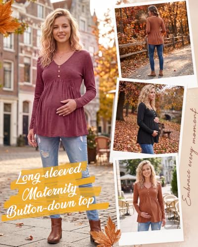 Cutecrop 3 Pack Maternity Long Sleeve V Neck Shirt - color: Black, Wine Red, Caramel, size: Medium
