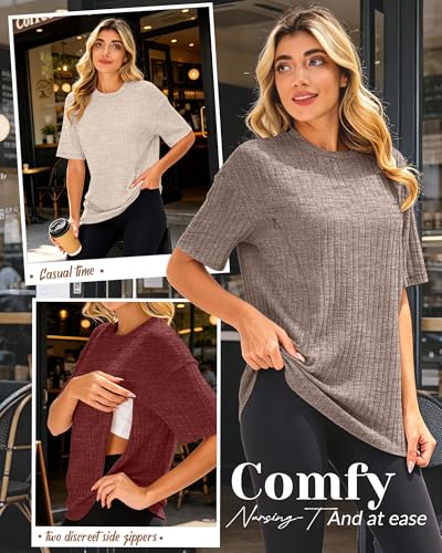 Huukeay 4 Pack Women's Nursing Shirts - color: Dark Red, Cream, Light Coffee, Black, size: Medium