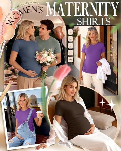 Ficerd 3 Pack Women's Short Sleeve Maternity Shirts - color: Haze Blue, Coffee, Purple, size: Large