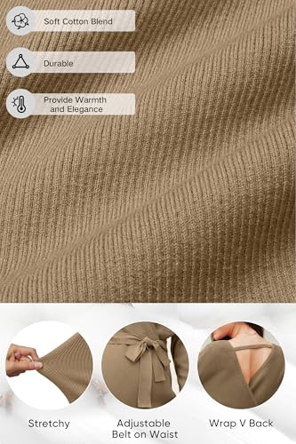 OUGES Womens Soft Cotton Blend Maternity Sweater Wrap V Neck Long Sleeve V Back Fall Shirts Pregnancy Outfits with Belt - color: Coffee, size: Large