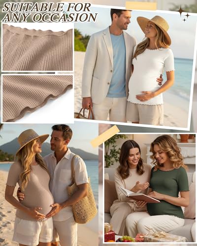 3 Pack Women's Maternity Ribbed Shirts - color: Army Green, Cream, Khaki, size: Small