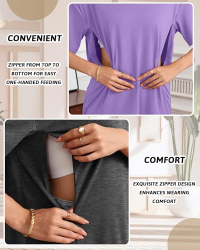 3 Pack Women's Oversize Nursing Shirts - color: Light Green, Light Purple, Dark Gray, size: XX-Large