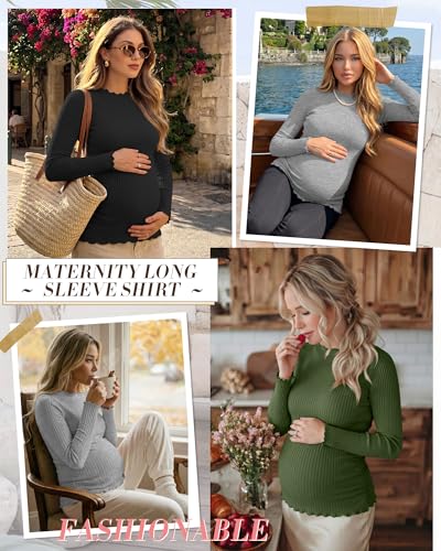 Huukeay 3 Pack Women Ribbed Long Sleeve Crew Neck Maternity Tops - color: Army Green, Light Gray, Black, size: Medium