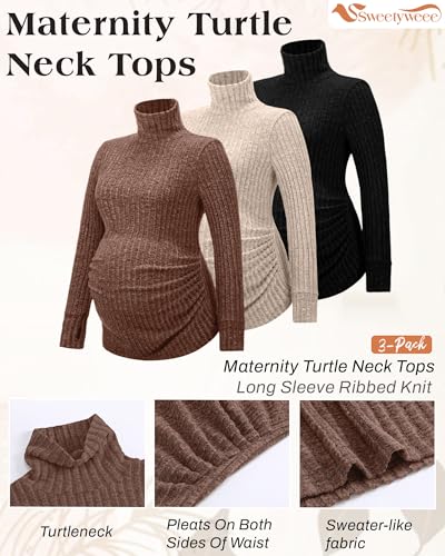 3 Pack Women's Maternity Turtleneck Tops - color: Coffee, Apricot, Black, size: Small