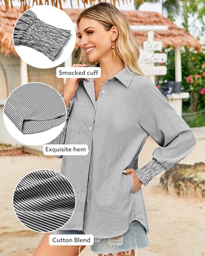 OUGES Women's Cotton Blend Oversized Boyfriend Collar Shirts Smocked Cuffed Striped Button Down Blouse Tops with Pockets - color: Black, size: Medium