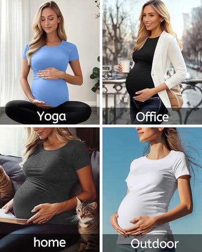 Huukeay 4 Pack Women's Short Sleeve Maternity Tops - color: Black, White, Dark Gray, Light Blue, size: Large